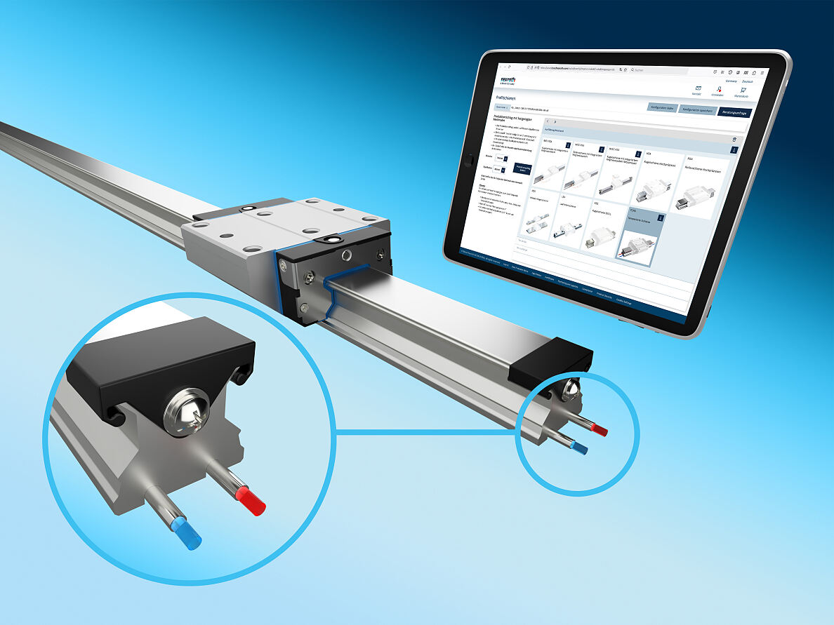 Neu im Online-Führungsschienenkonfigurator von Bosch Rexroth: Rollenschienen mit patentierter Temperierungsoption TCRS für hochpräzise Werkzeugmaschinen.